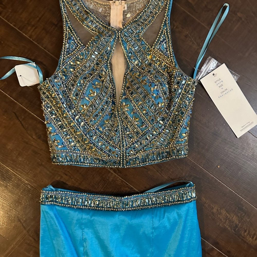 Splash Blue and Gold Embellished Prom Dress